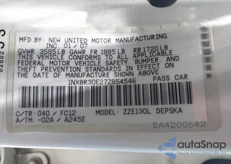 2007 Toyota Corolla S z USA, uszkodzony, nr VIN 1NXBR30E27Z854546